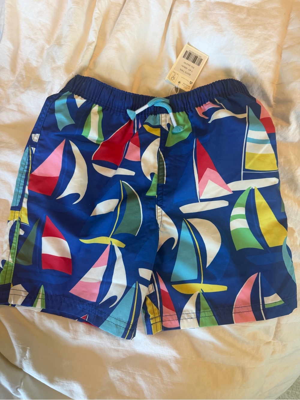 Mini Boden Blue Sailboat Print Swim Shorts